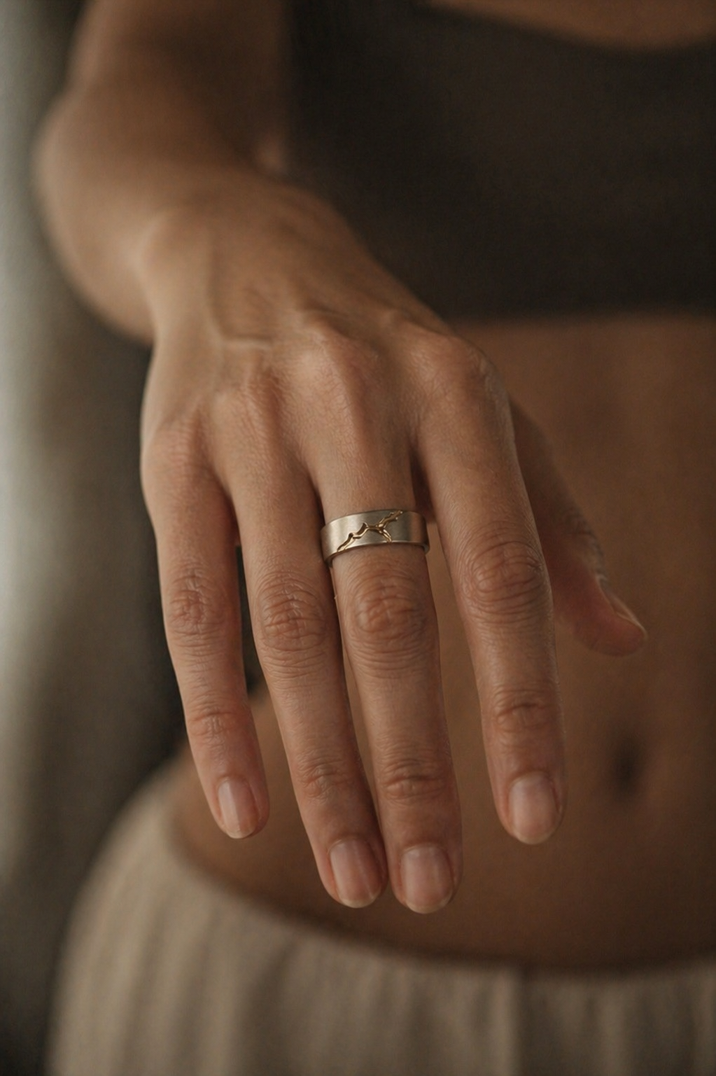 Minimalist symbolic band ring with natural salt and pepper diamond